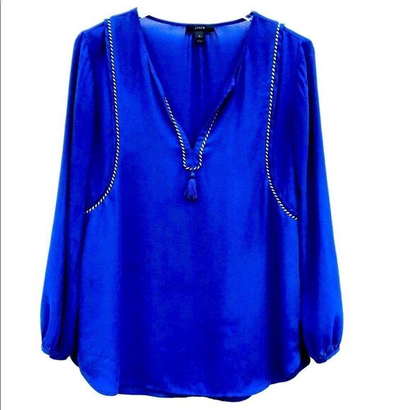 J. CREW Indigo Blue Tassel Oversized Trim Top - Size 0 - Runs Big- Fits XS, S, M - Picture 1 of 8